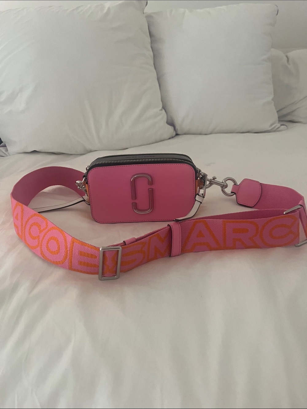 Marc Jacobs Pink Leather Snapshot with Pink & Orange Logo Strap